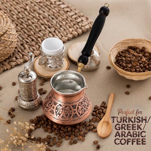 12 Oz Copper Turkish Greek Arabic Coffee Pot with Wooden Handle