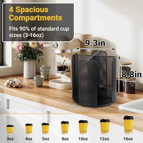 4 Compartment Rotating Paper Cup Holder & Coffee Cup Lid Storage Dispenser