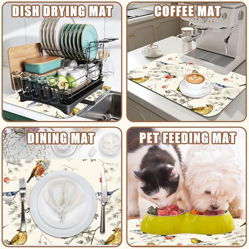 Cute Birds Coffee Mat Absorbent Dish Drying Mat for Kitchen Counter Hide Stain Rubber Backed Coffee Bar Accessories Fit Under Espresso Machine Cafe Table