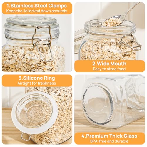 50oz Glass Food Storage Jars with Airtight Clamp Lids (3 Count)