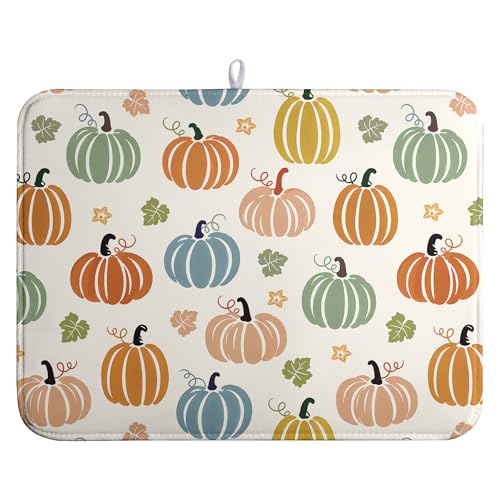 Fall Pumpkin Dish Drying Mats Thanksgiving Dish Mat Autumn Maple Leaves Drying Matt Dishes Dryer Pad for Kitchen Counter Absorbent Microfiber Washable Foldable Reusable 18x24 in