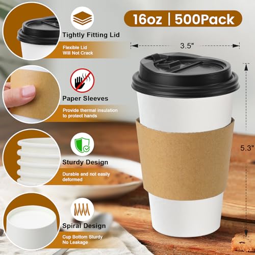 500 Pack 16 oz Disposable Coffee Cups With Lids and Sleeves (500 Count)