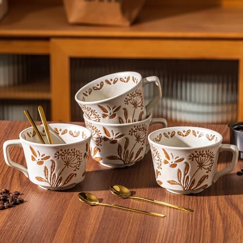 Ceramic Mugs 11 oz Unique Luxurious Cups Set of 4 with Premium Spoon