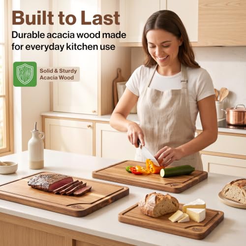 Acacia Wood Cutting Boards for Kitchen Set of 3 (3 Count)