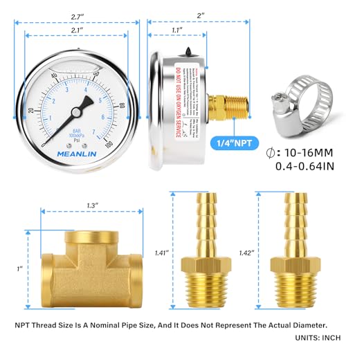 9Pcs Kit 0 100Psi Stainless Steel Liquid Filled Pressure Gauge 1