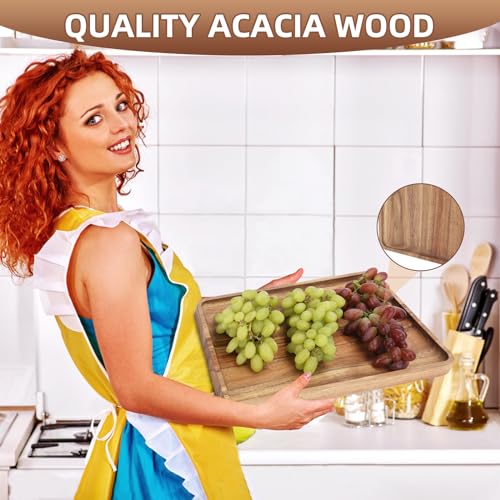 2 PCS 16 x 12 in Large Solid Acacia Wood Serving Trays Rectangular Wooden Serving Platters Natural Wooden Boards for Bar Coffee Party（Wood Log Color） (2 Count)