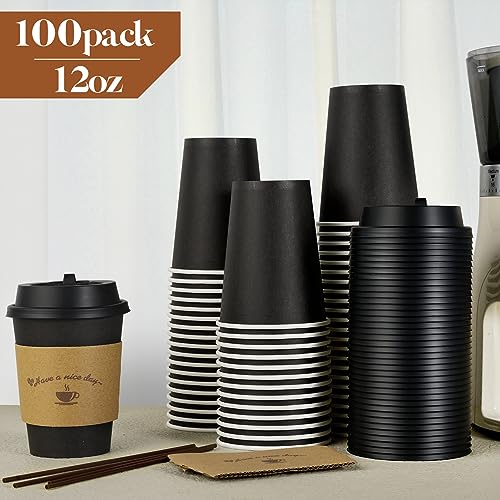 100 Pack 12 oz Coffee Cups with Lids (100 Count)
