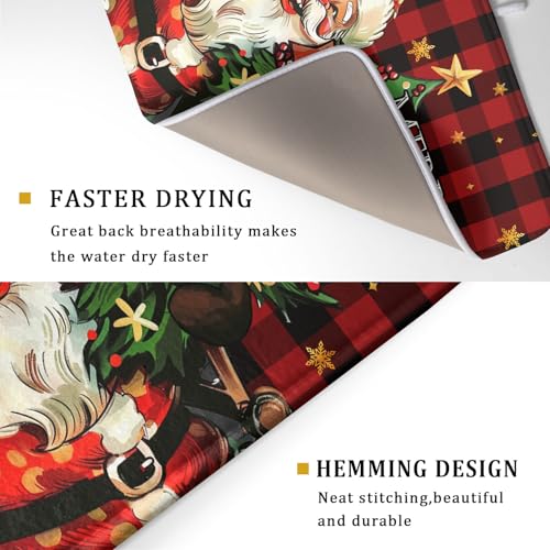 Merry Christmas Santa Claus Red Buffalo Plaid Dish Drying Mat for Kitchen Counter