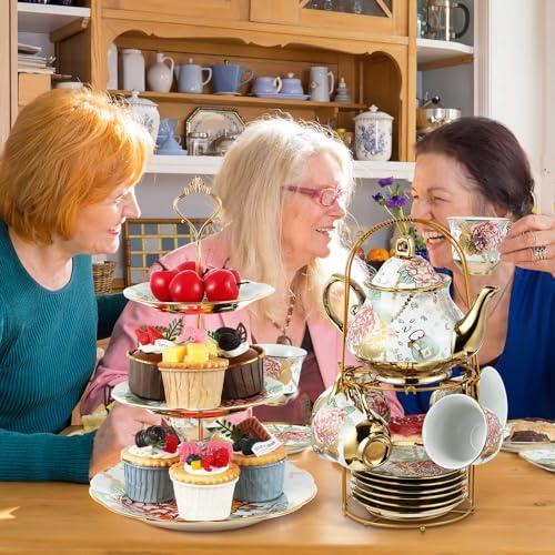 21 Pcs Porcelain Tea Set for Women Tea Party with Metal Holder and 3 Tier Cake Stand Ceramic European Floral Teapot Set for Adults Mother's Day Christmas Thoughtful Gift