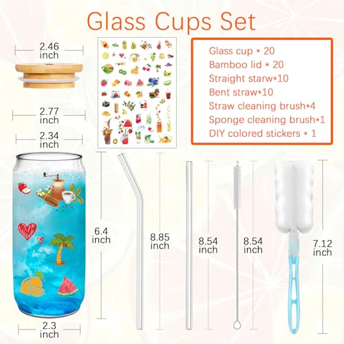 16 OZ Glass Cups with Lids and Straws 20 Pack (20 Count)