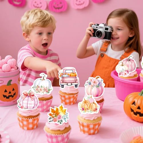 72Pcs Edible Pumpkin Cupcake Toppers Autumn Thanksgiving Theme Party Wafer Paper Flowers Pumpkin Cupcake Toppers Baby Gender Reveal Party Supplies