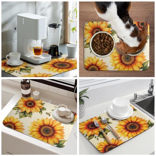 Sunflower Dish Drying Mat 16x18 Inch Absorbent Reversible Summer Drying Mat Sunflower Bee Dish Drying Rack Mat Yellow Summer Themed Dish Drainer Mat for Kitchen Counter Coffee Bar