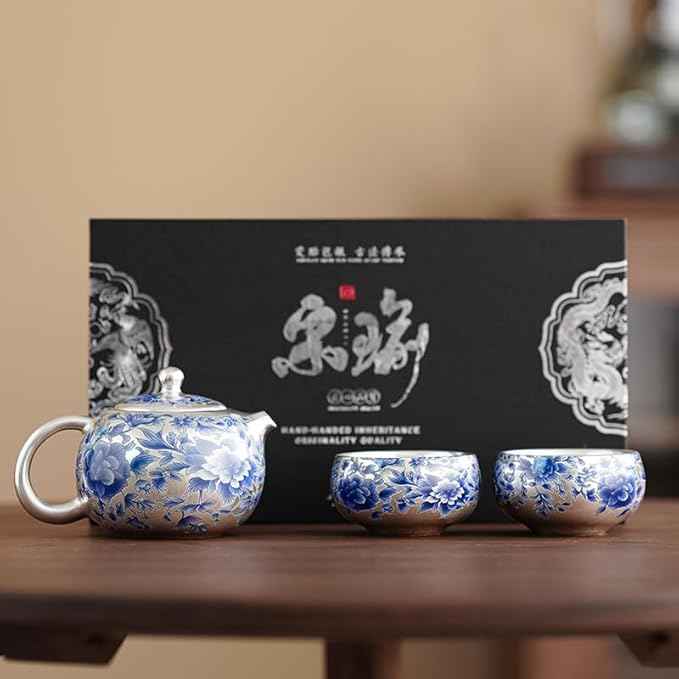 One Silver-Plated Teapot with Two Cups and Four Cups Blue-and-White Peony Xi Shi Teapot Gift Set 鎏银 青花牡丹西施茶壶 (Blue-and-White Peony Xi Shi Teapot with Two Cups Gift Set)
