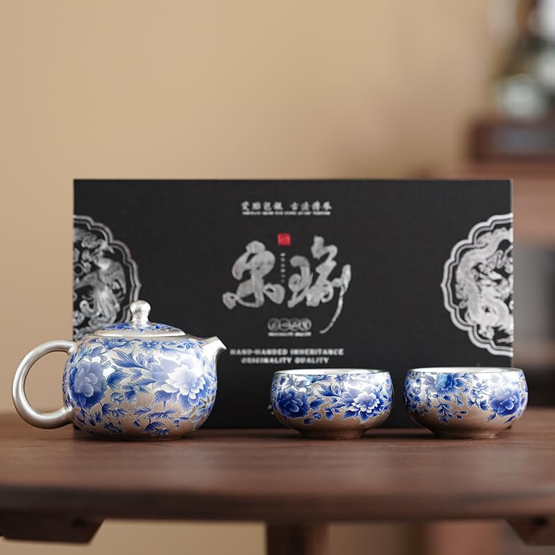 One Silver Plated Teapot with Two Cups and Four Cups Blue