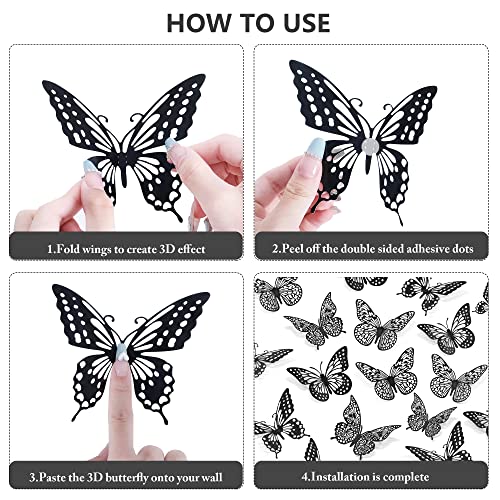 3D Butterfly Wall Decor 48 Pcs Black Butterfly Decoration Sticker (48 Count)