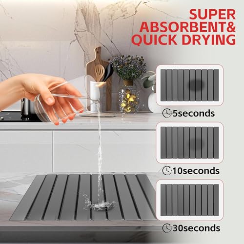 Stone Drying Mat For Kitchen Counter 24"x16" Foldable Super Absorbent Non