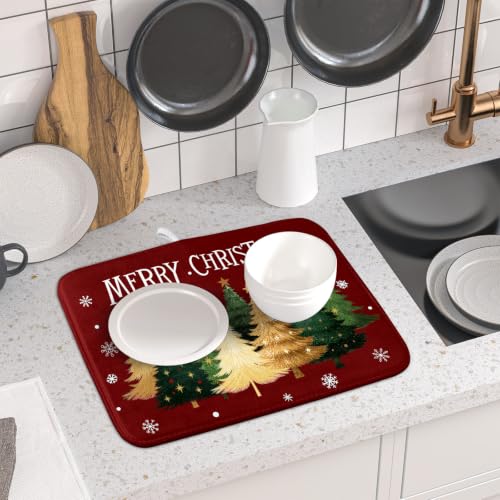 Xmas Tree Red Dish Drying Mat for Kitchen Counter