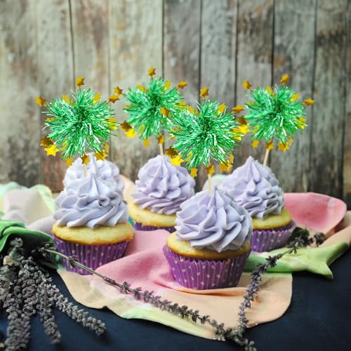 30Pcs Foil Firework Cupcake Toppers Happy Birthday Cake Toppers Tinsel Flower Drink Stirrers Cocktail Food Fruit Toothpicks for Valentine's Day Party Decorations Green (30 Count)