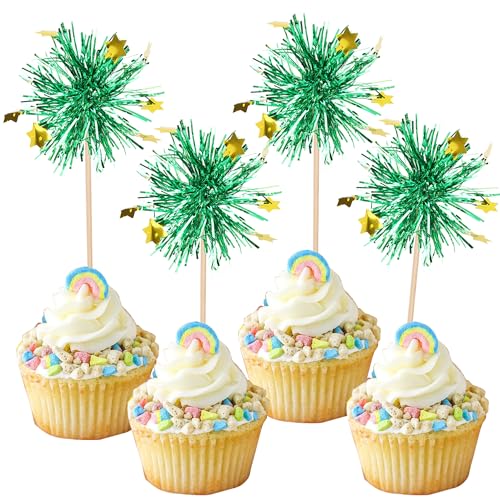 30 PCS Foil Firework Cupcake Toppers Happy Birthday Star Cupcake Picks Sparkle Tinsel Drink Stirrers Cocktail Fruit Toothpicks for Valentine's Day Wedding Birthday Party Decorations Supplies Green (30 Count)