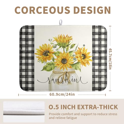Summer Sunflower Dish Drying Mats for Kitchen Counter Spring Sunshine Kitchen Dishes Dryer Pad Flowers Absorbent Dish Mat Microfiber Washable Foldable Reusable Large 18x24 in