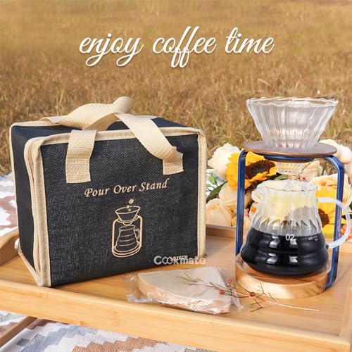 Pour Over Coffee Dripper Stand with Metal Stand Wooden Filter Holder Glass Server with Paper Coffee Filters