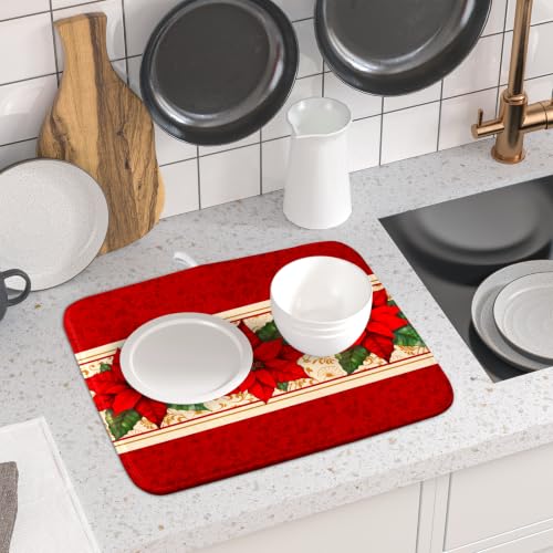 Poinsettia Flowers Dish Drying Mat 16"x18" Christmas Red Decorative Dish Drainer Mats Xmas Winter Floral Print Reversible Microfiber Dish Drying Rack Pad for Kitchen Countertop Sink