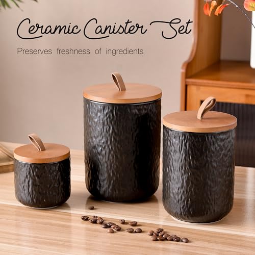 Black Stone Ceramic Canister with Bamboo Lid (3 Count)