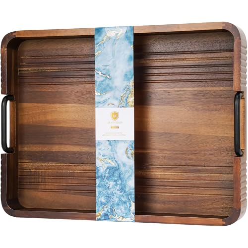 Acacia Wood Serving Tray with Metal Handle