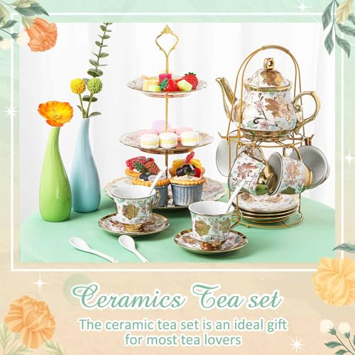 21 Pcs Porcelain Tea Set for Women Tea Party with Metal Holder and 3 Tier Cake Stand Ceramic European Floral Teapot Set for Adults Mother's Day Christmas Thoughtful Gift