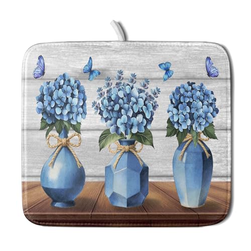 Blue Hydrangea Dish Drying Mat for Kitchen Vintage Wood Board Floral Butterfly Dish Drainer Mats 16x18inch Rustic Flowers Dish Drying Rack Pad Protector for Countertop Dining Decor