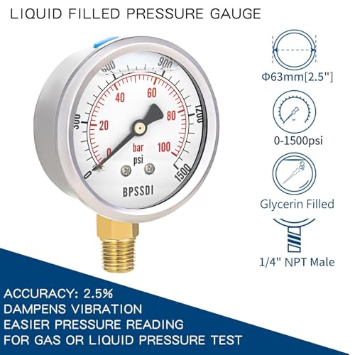 0 1500 Psi Glycerin Liquid Filled Hydraulic Pressure Gauge
