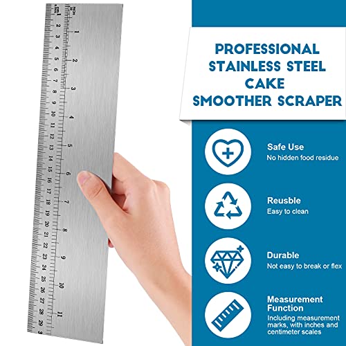 12 Inches Stainless Steel Cake Scraper with Scale Cake Edge Smoother Decorating Comb Baking Scraper Tool for Baking Measuring Buttercream Home Kitchen Accessory