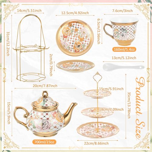 21 Pcs Porcelain Tea Set for Women Tea Party with Metal Holder and 3 Tier Cake Stand Ceramic European Floral Teapot Set for Adults Mother's Day Christmas Thoughtful Gift