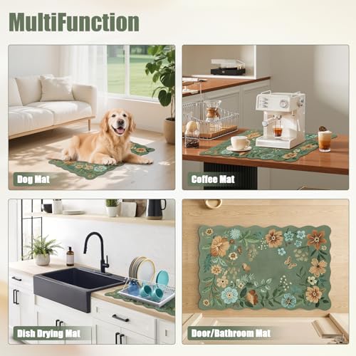 Scalloped Bohemian Boho Floral Flower Coffee Bar Mat Dish Drying Mats for Kitchen Counter