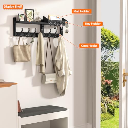 29" Coat Rack Wall Mount with Shelf & 11 Hooks