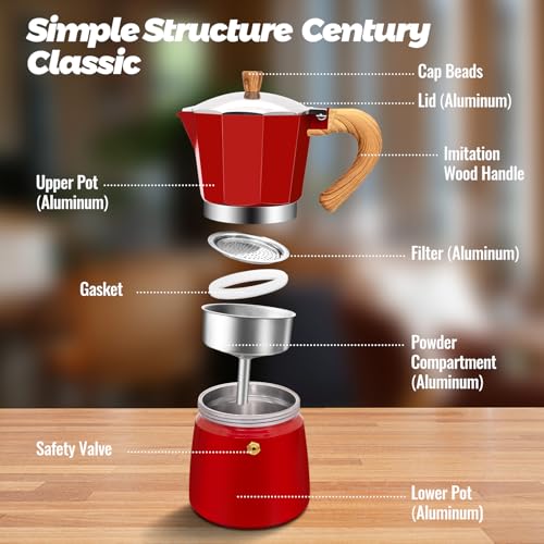 12 Cup Aluminum Moka Pot Classic Stovetop Espresso Coffee Maker 600ml 20oz Coffeemaker Percolator Mocha Pot Greca Coffee Maker Cafe Makers for Italian and Cuban Café Brewing Red