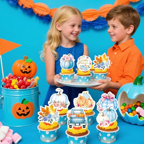 72Pcs Edible Pumpkin Cupcake Toppers Autumn Thanksgiving Theme Party Wafer Paper Flowers Pumpkin Cupcake Toppers Baby Gender Reveal Party Supplies