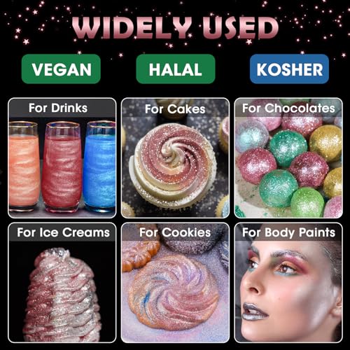 Edible Food Grade Glitter Powder Glimmer Luster Dust Metallic Fancy Food Decorating Sprinkle Glimmery Dust for Drink Wine Beverage Cake Bakery Vegan Allergen