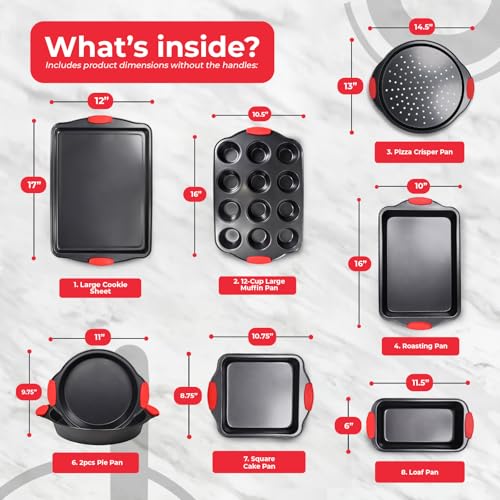 Non-Stick 8-Piece Baking Pan Set, BPA-Free Carbon Steel Bakeware Set with Silicone Handles, Stackable Kitchen Oven Set, Cookie Sheet, Baking Tray, Baking Sheet Set, Oven Safe (446°F) (8 Count)