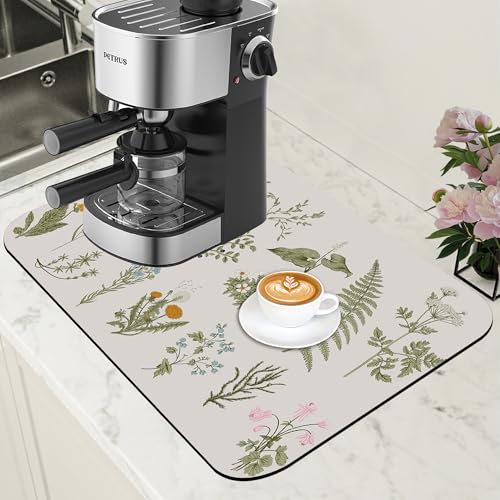 Flowers and Herbs Dish Drying Mat for Kitchen Counter Plant Bar Mat Hide Stain Absorbent Rubber Backed Coffee Maker Espresso Machine Bar Accessories 11.8 x 19.7 Inch