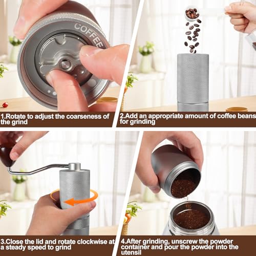 Manual Coffee Grinder Gift Box Detachable Stainless Steel Conical Burr Aluminum Coffee Bean Grinder with 25 Grinding Settings Cleaning Brush Grindable Espresso Moka Pot for Camping Silver