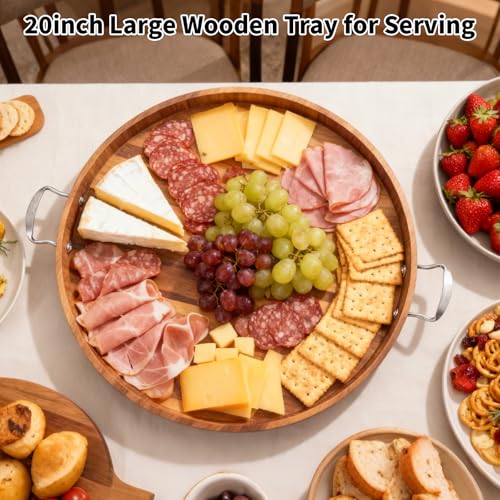 Large Round Tray 20" Round Wooden Tray Ottoman Tray with Handles Elegance and Easy to Pick Up