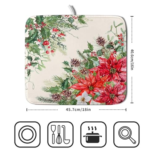 Poinsettia Dish Drying Mat for Countertop 16"x18" Christmas Red Floral Winter Holly Berries Flowers Dish Drainer Mats Microfiber Dish Drying Pad Protector for Kitchen Home Decor Small