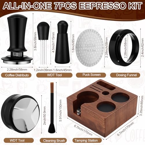 7 Pcs 53mm Espresso Accessories Kit with Wood Tamping Station (7 Count)