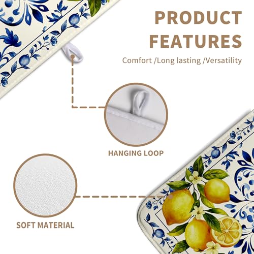 Lemon Dish Drying Mats Spring Summer Dish Mat Blue Chinoiserie Floral Drying Matt Dishes Dryer Pad for Kitchen Counter Absorbent Microfiber Washable Foldable Reusable 18x24 in