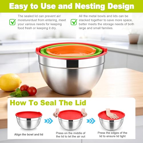 Mixing Bowls Stainless Steel Nesting Salad Bowls & Airtight Lids (3 Count)