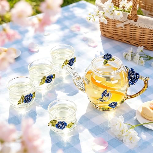 xixi home Blue Rose Glass Tea Set
