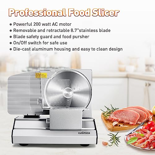 Meat Slicer CUSIMAX Electric Deli Meat Slicer with 2 Removable 8.7''Stainless Steel Blades (2 Count (Blades))