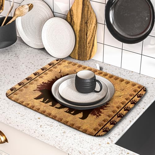 16"x18" Brown Bear Dish Drying Mat Rustic Forest Wildlife Woodland Dish Drainer Mats for Kitchen Countertop Farmhouse Animal Paw Print Fast Dry Microfiber Dish Drying Pad Decoration