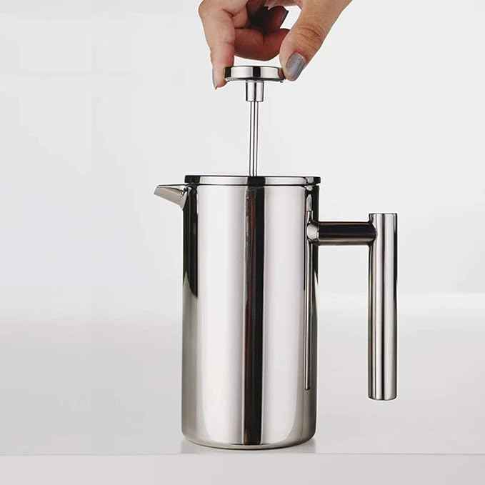 Small Stainless Steel French Press, 12oz Dual-Filter Coffee Plunger Pot Brewer and Maker for Individual Serving, Silver